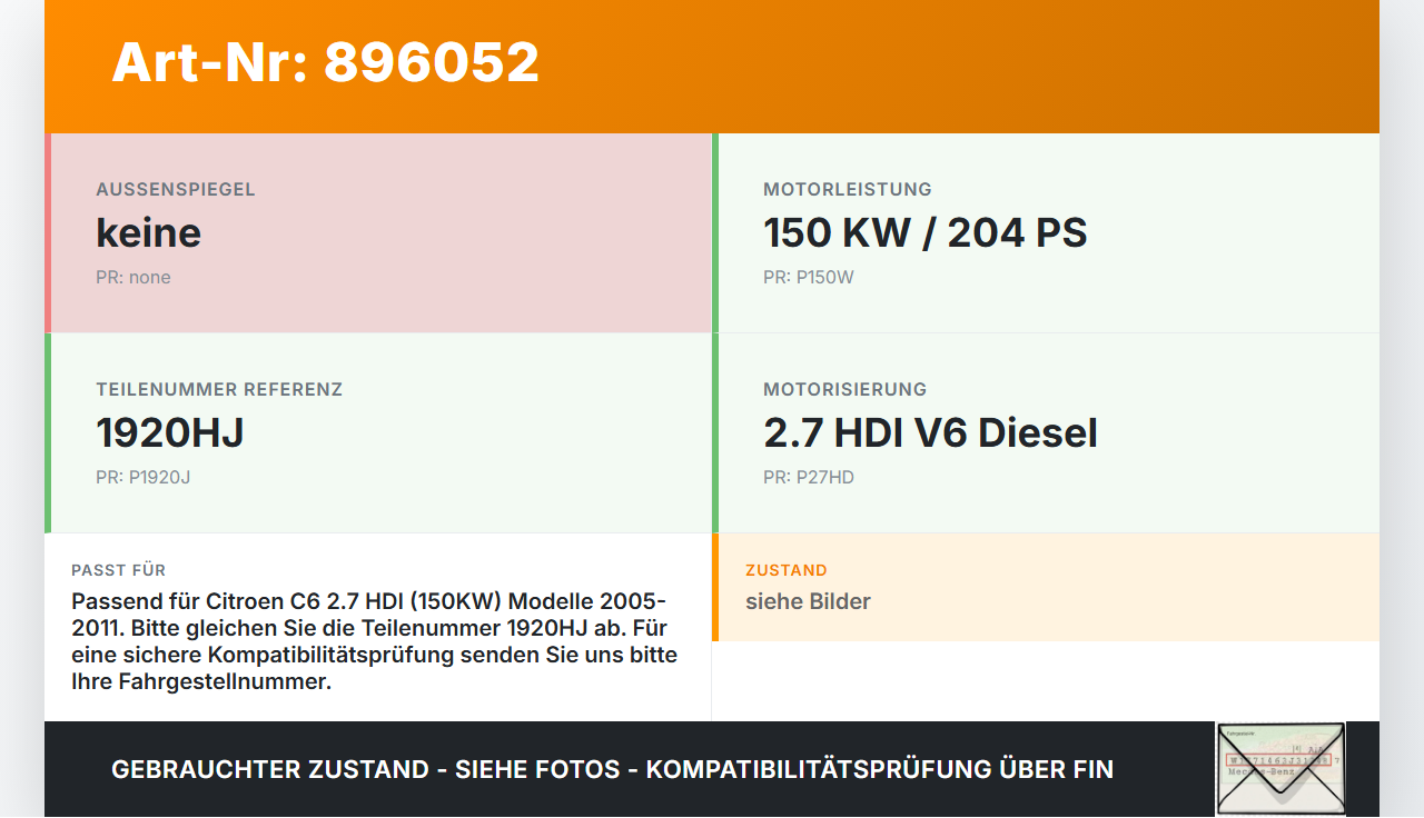 Citroen C6 05-11 HDI 2,7 150KW Einspritzpumpe Hochdruckpumpe Citroen C6 05-11 01.05.2005 1920HJ gebraucht Vorschau 3