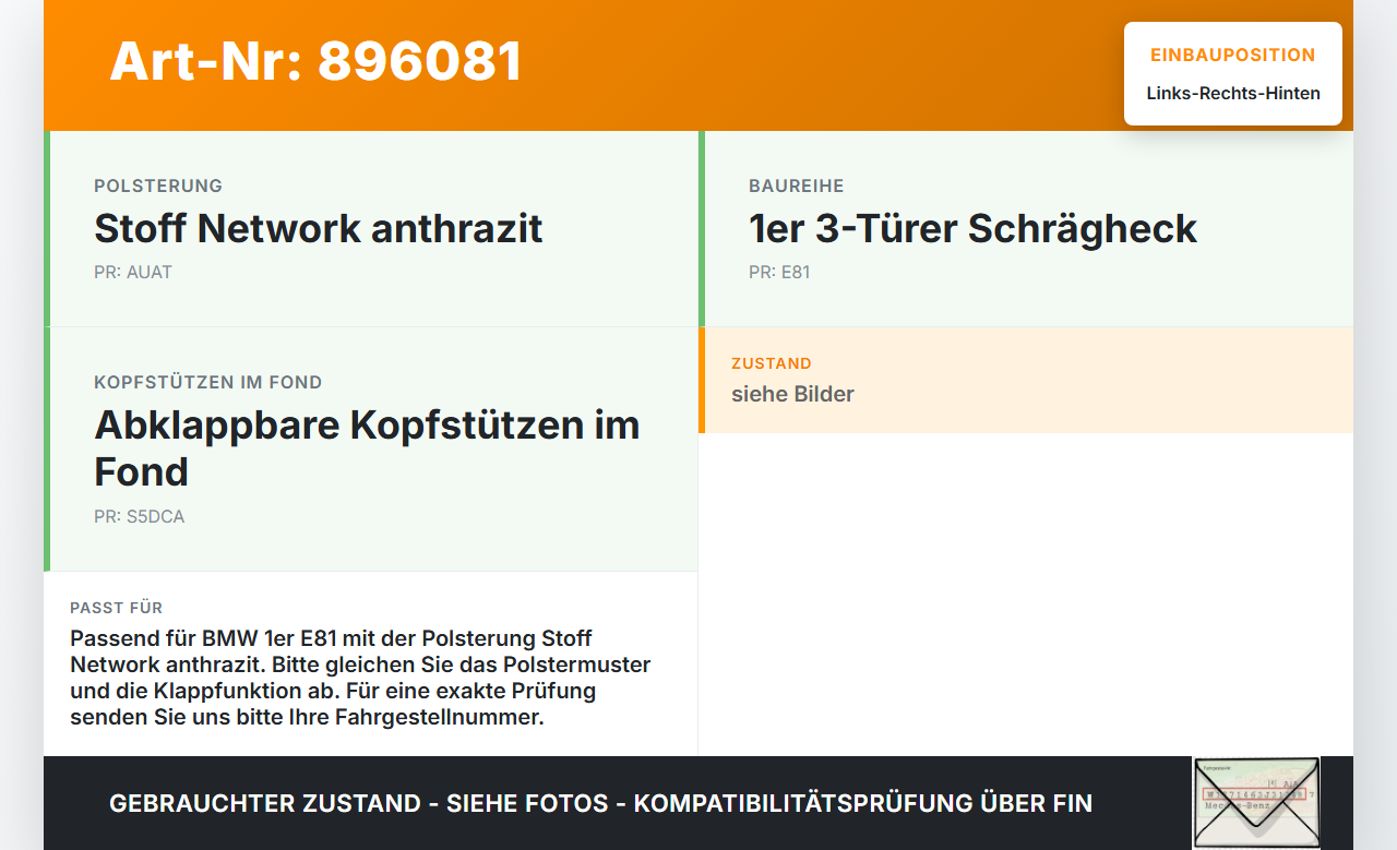 BMW E81 1er 120d 07-11 Kopfstütze Rechts oder Links Hinten BMW E81 1er 120d 07-11 16.10.2007 6968750 52206968750... Vorschau 3