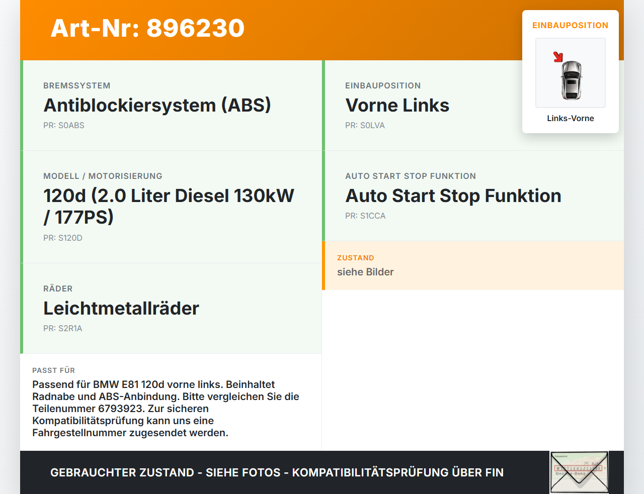 BMW E81 1er 120d 07-11 2,0d 130KW Achsschenkel Radnabe mit ABS Links Vorne BMW E81 1er 120d 07-11 16.10.2007... Vorschau 3