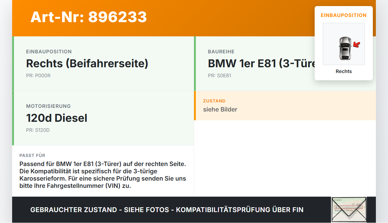 BMW E81 1er 120d 07-11 3T Scharnier für Motorhaube Motorhaubenscharnier Rechts BMW E81 1er 120d 07-11 16.10.2007... Vorschau 3