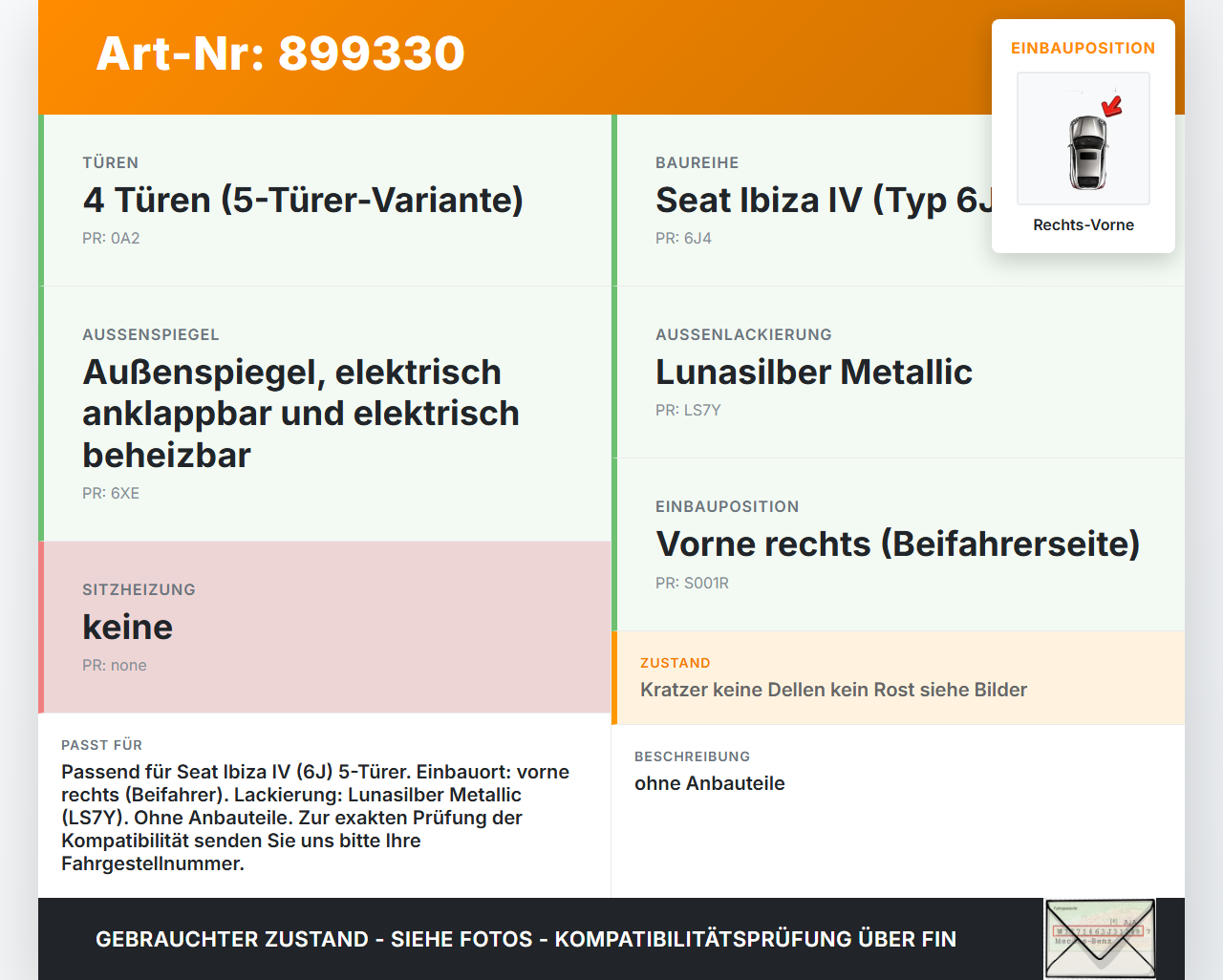 Seat Ibiza IV 6J 08-12 5T Tür Beifahrertür Rechts Vorne LS7Y Seat Ibiza IV 6J 08-12 04.05.2011 6J4831056 gebraucht Vorschau 3