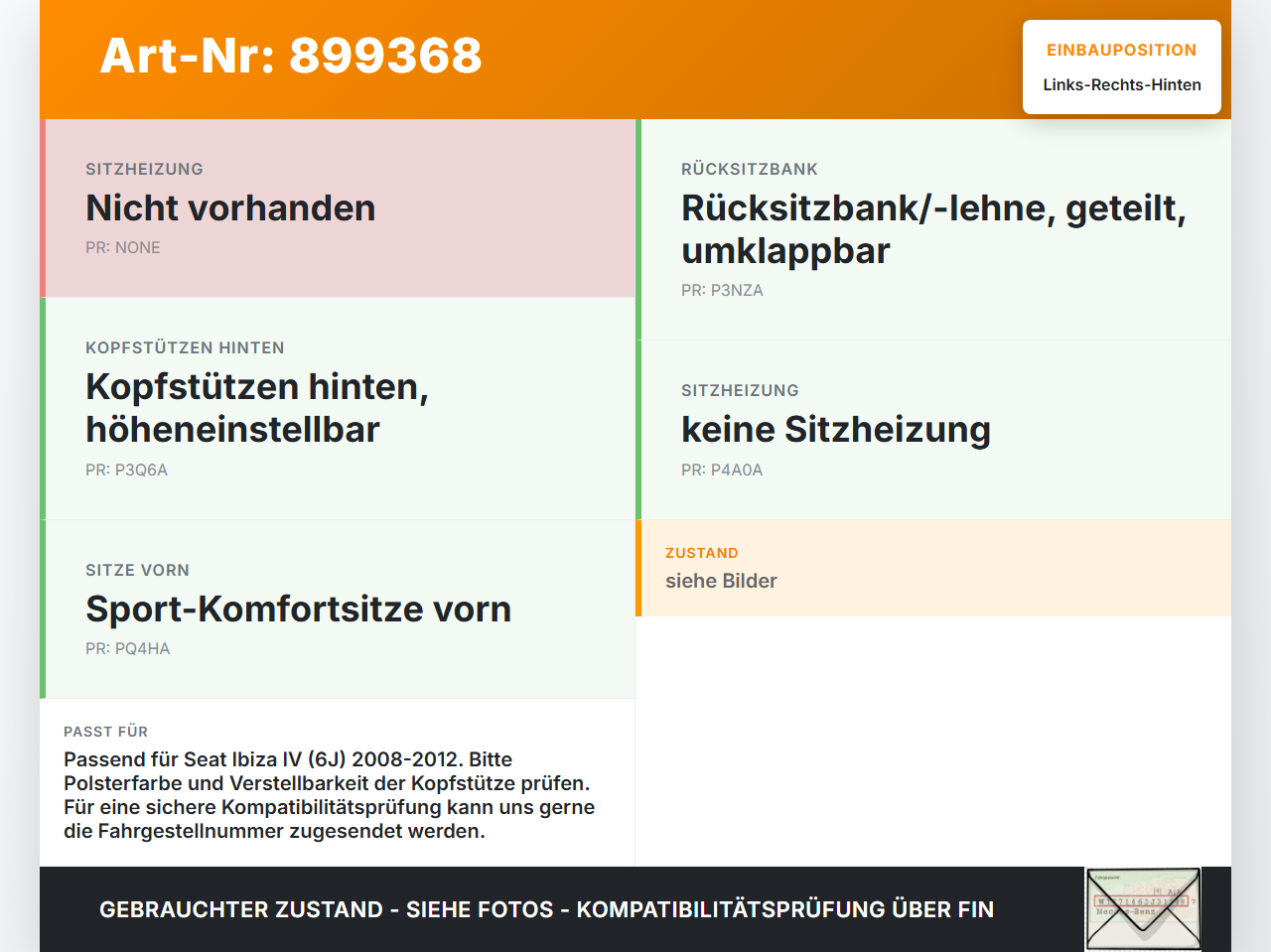 Seat Ibiza IV 6J 08-12 Kopfstütze Rechts oder Links Hinten Seat Ibiza IV 6J 08-12 04.05.2011 6J0885914 gebraucht Vorschau 3