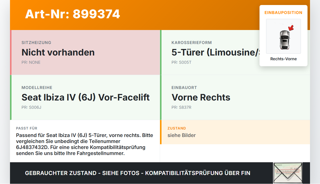 Seat Ibiza IV 6J 08-12 5T Dichtung für Rahmen Tür Rechts Vorne Seat Ibiza IV 6J 08-12 04.05.2011 6J4837432D gebraucht Vorschau 3