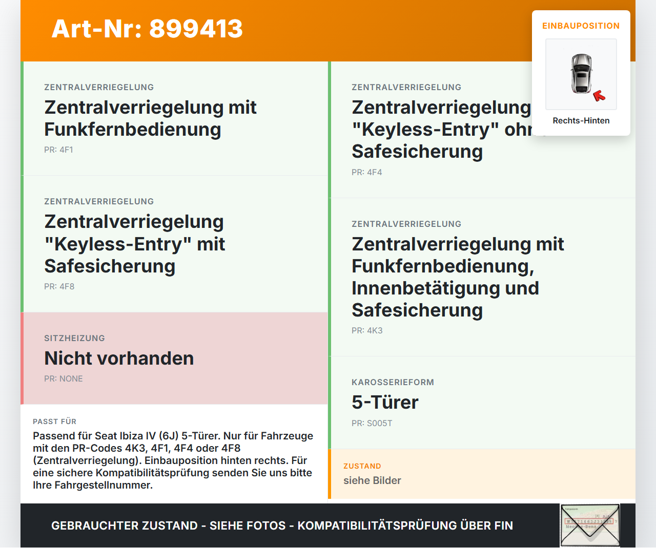 Seat Ibiza IV 6J 08-12 5T Türschloss m. ZV Stellmotor Rechts Hinten Seat Ibiza IV 6J 08-12 04.05.2011 6J0839016C... Vorschau 3