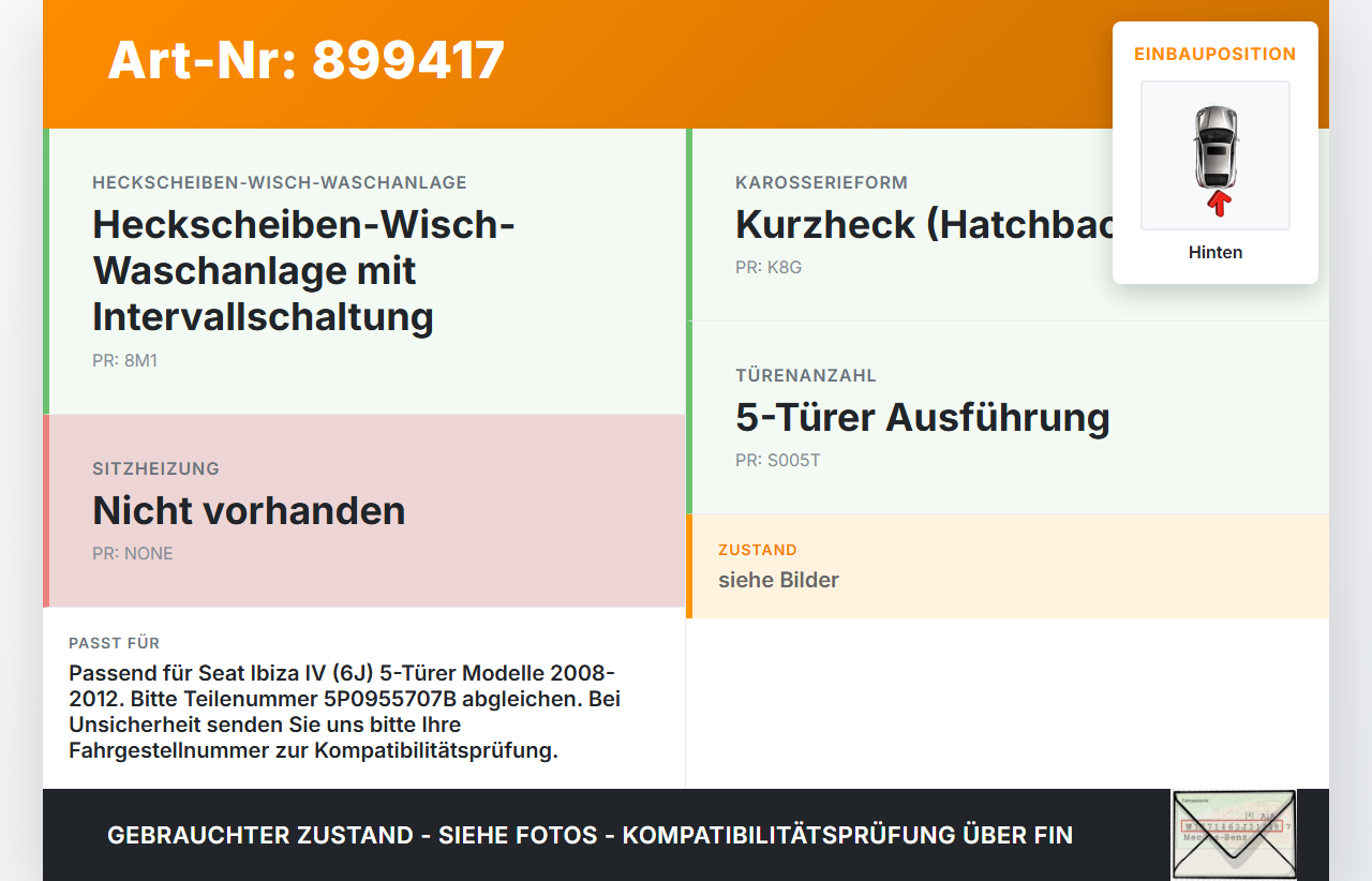 Seat Ibiza IV 6J 08-12 5T Heckwischer Scheibenwischer Hinten Wischarm Seat Ibiza IV 6J 08-12 04.05.2011 5P0955707B... Vorschau 3