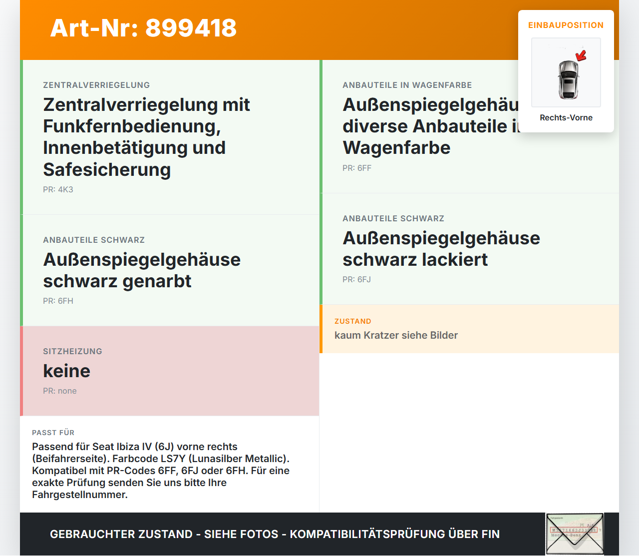 Seat Ibiza IV 6J 08-12 5T Türgriff Griff aussen Rechts Vorne LS7Y Seat Ibiza IV 6J 08-12 04.05.2011 5N0837205M gebraucht Vorschau 3
