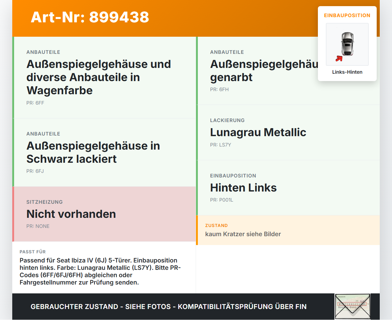 Seat Ibiza IV 6J 08-12 5T Türgriff Griff aussen Links Hinten LS7Y Seat Ibiza IV 6J 08-12 04.05.2011 5N0837205M gebraucht Vorschau 3