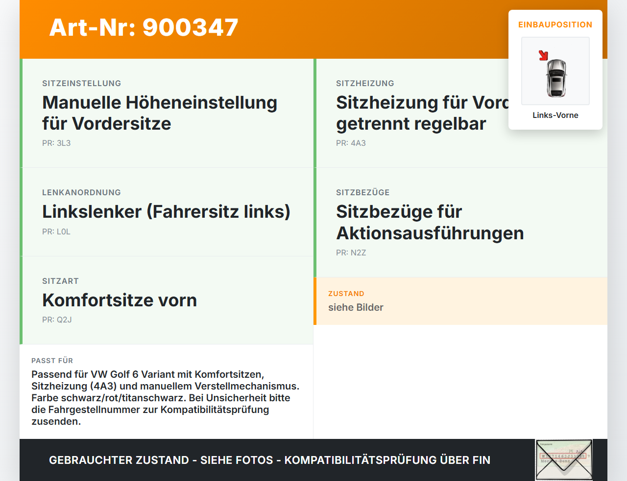VW Golf 6 VI Variant 08-13 Kombi Sitzpolster für Fahrersitz Sitz Links Vorne VW Golf 6 VI Variant 08-13 02.10.2012... Vorschau 3