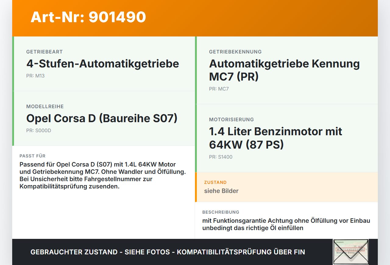 Opel Corsa D S07 06-10 1,4 64KW MC7 AF13 PR Automatikgetriebe Getriebe ohne Wandler Opel Corsa D S07 06-10... Vorschau 3