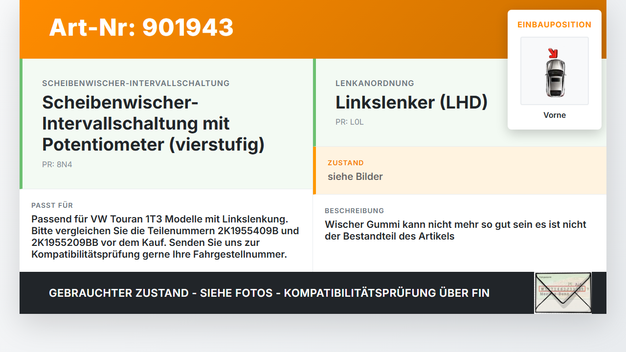 VW Touran 1T3 10-15 2x Scheibenwischer Wischarm Vorne VW Touran 1T3 10-15 13.06.2012 2K1955409B 2K1955209BB gebraucht Vorschau 3