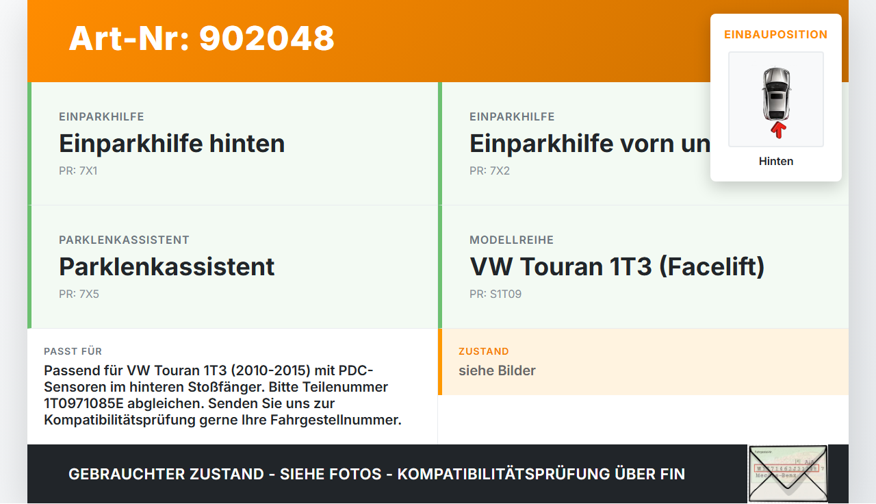 VW Touran 1T3 10-15 PDC Abstandssensor Einparkhilfe Kabelbaum Hinten VW Touran 1T3 10-15 13.06.2012 1T0971085E gebraucht Vorschau 3