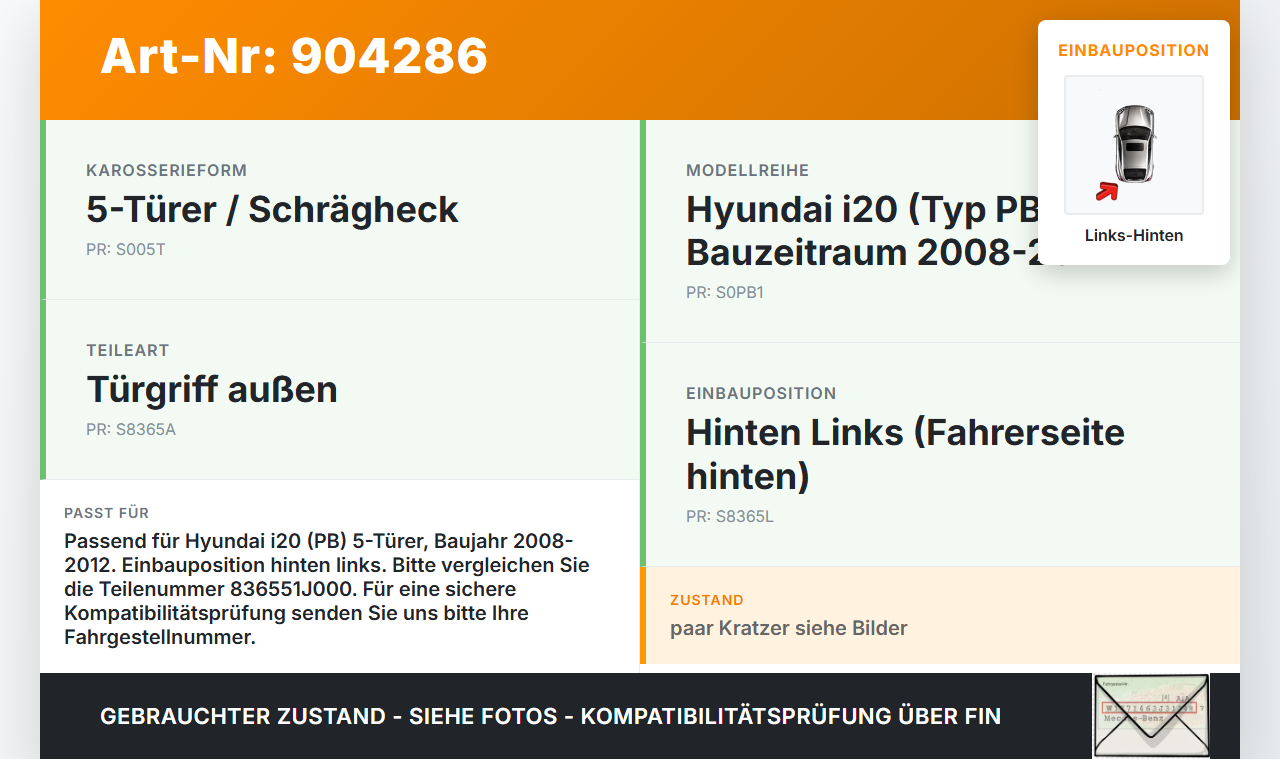 Hyundai I20 PB 08-12 5T Türgriff Griff aussen Links Hinten FR Hyundai I20 PB 08-12 26.03.2010 836551J000 gebraucht Vorschau 3