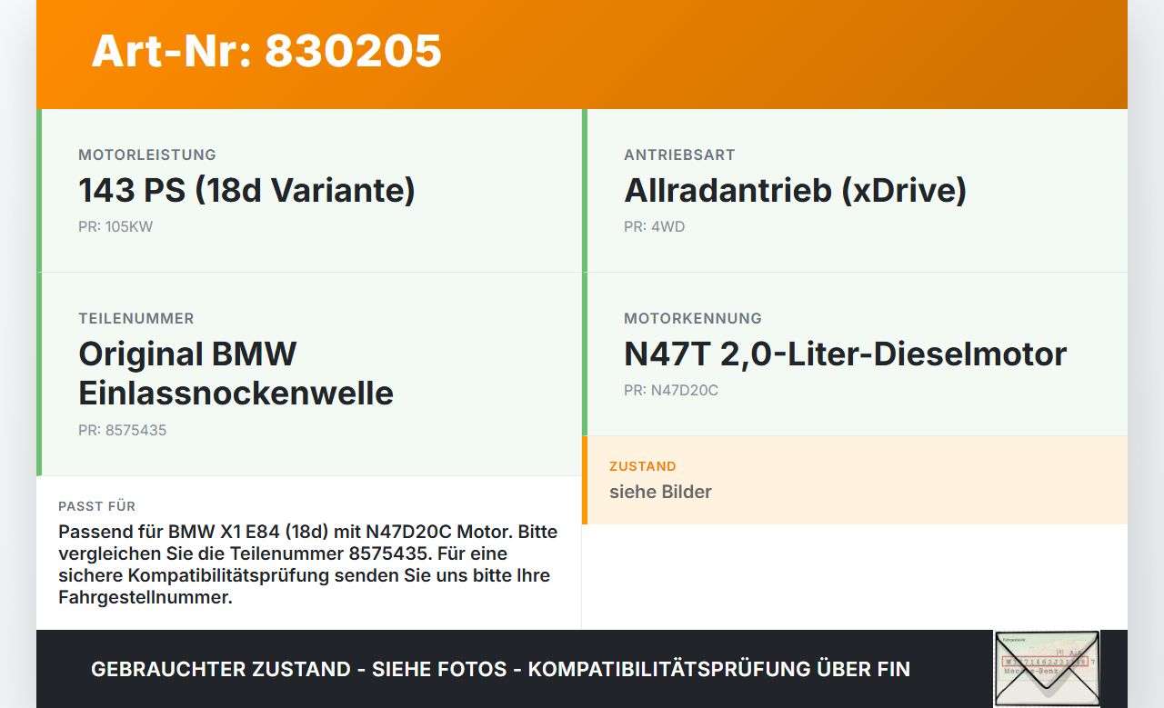 BMW X1 E84 X18D 09-12 2,0d 105KW N47T N47D20C Nockenwelle Einlass BMW X1 E84 X18D 09-12 17.05.2010 1131-8575435... Vorschau 3