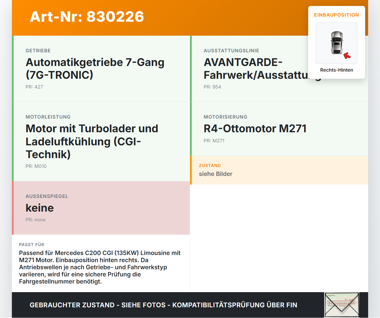 Mercedes C200 W204 07-11 Lim CGI 1,8 135KW Antriebswelle Gelenkwelle Rechts Hinten Mercedes C200 W204 07-11... Vorschau 3