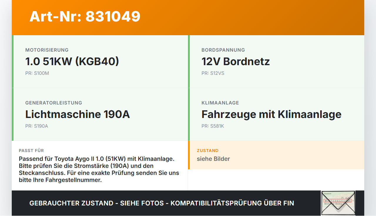 Toyota Aygo II KGB4 14-18 1,0 51KW Lichtmaschine Generator 190A 12V Toyota Aygo II KGB4 14-18 14.12.2015 270600Q190... Vorschau 3