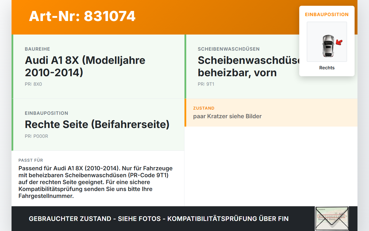 Audi A1 8X 10-14 Waschdüse für Windschutzscheibe WS Rechts beheizt Audi A1 8X 10-14 13.09.2011 8J0955988G... Vorschau 3