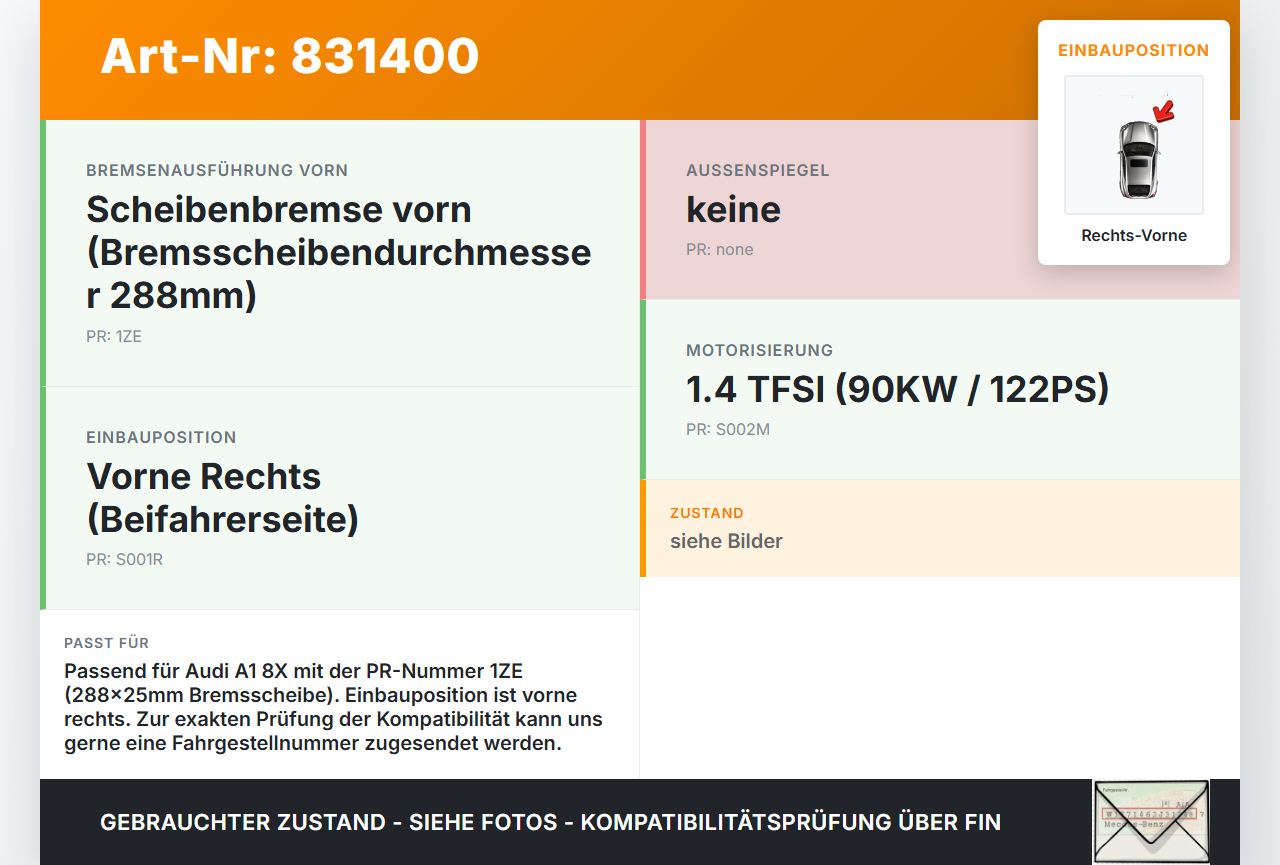 Audi A1 8X 10-14 TFSI 1,4 90KW Bremssattel Bremszange Vorne Rechts Audi A1 8X 10-14 13.09.2011 1K0615124E gebraucht Vorschau 3