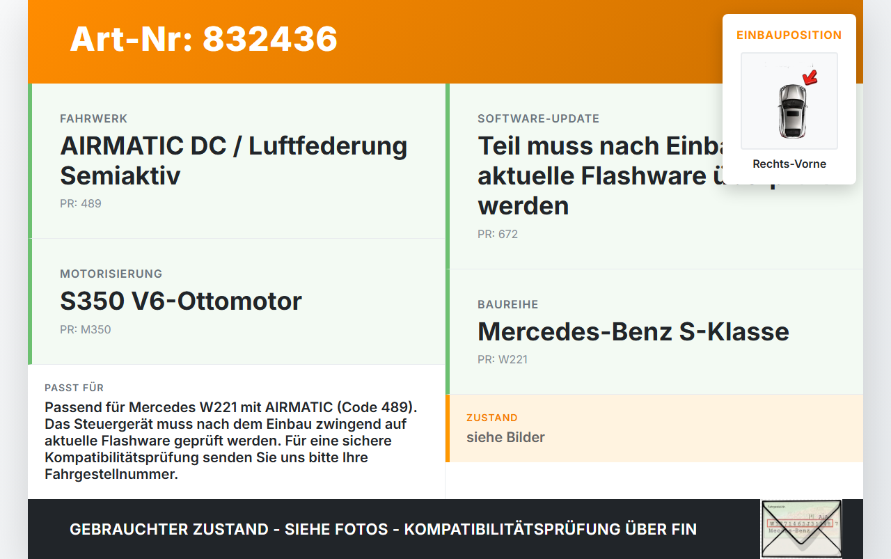 Mercedes W221 S350 05-09 Steuergerät Luftfahrwerk Luftfederung SG Rechts Vorne Mercedes W221 S350 05-09 13.12.2005... Vorschau 3