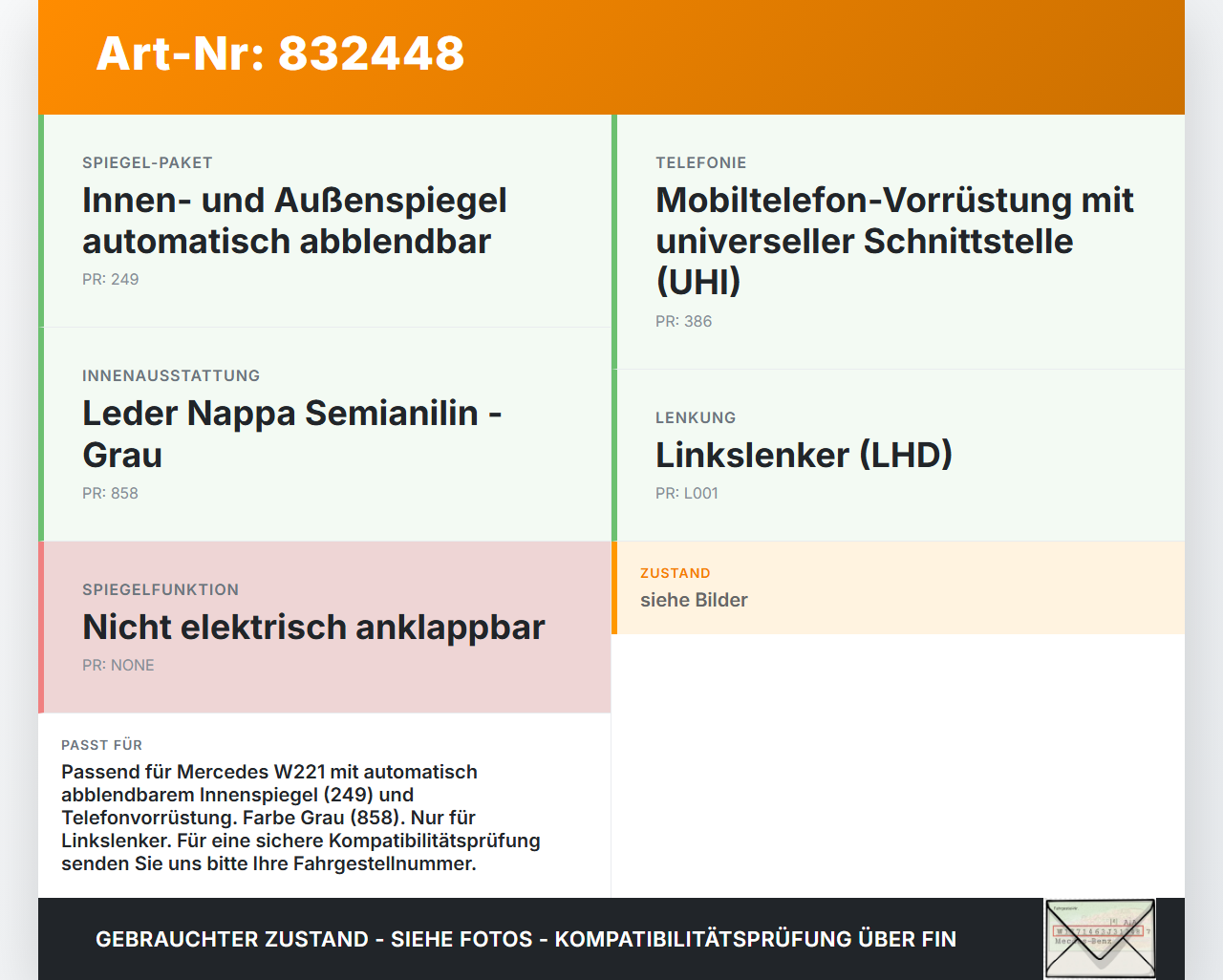 Mercedes W221 S350 05-09 Innenspiegel Rückspiegel Spiegel Innen Mercedes W221 S350 05-09 13.12.2005 A2218100717... Vorschau 3