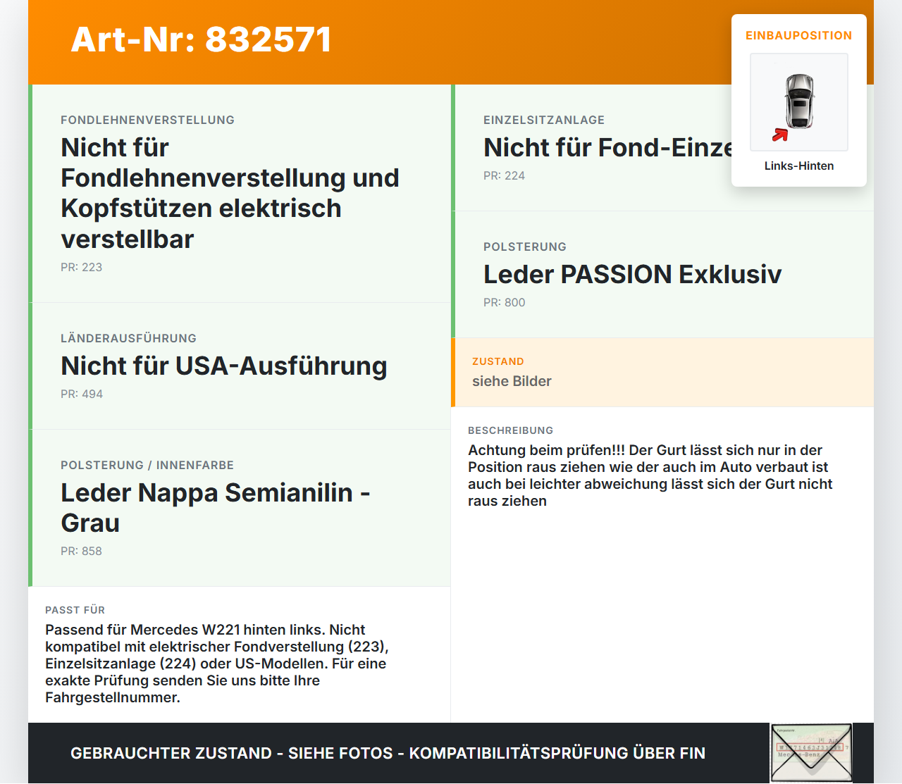 Mercedes W221 S350 05-09 Gurt Sicherheitsgurt Links Hinten Mercedes W221 S350 05-09 13.12.2005 A2218600385 gebraucht Vorschau 3