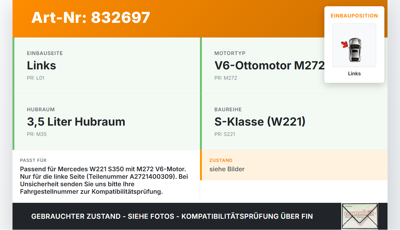 Mercedes W221 S350 05-09 3,5 200KW 272965 Abgaskrümmer Links Mercedes W221 S350 05-09 13.12.2005 A2721400309 gebraucht Vorschau 3