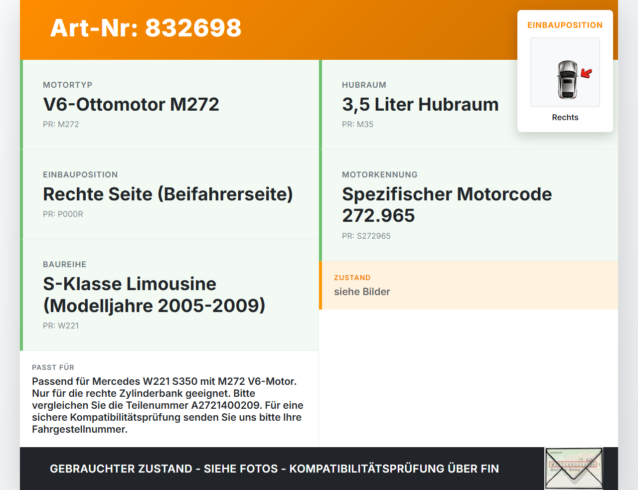 Mercedes W221 S350 05-09 3,5 200KW 272965 Abgaskrümmer Rechts Mercedes W221 S350 05-09 13.12.2005 A2721400209 gebraucht Vorschau 3