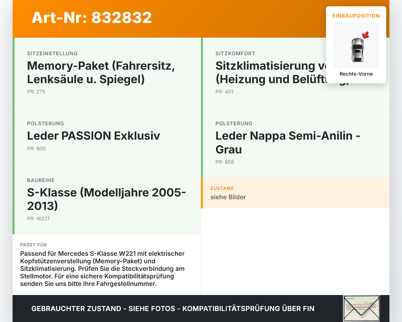 Mercedes W221 S350 05-09 Stellmotor Kopfstütze Verstellung Fahrer Sitz Rechts Vorne Mercedes W221 S350 05-09... Vorschau 3