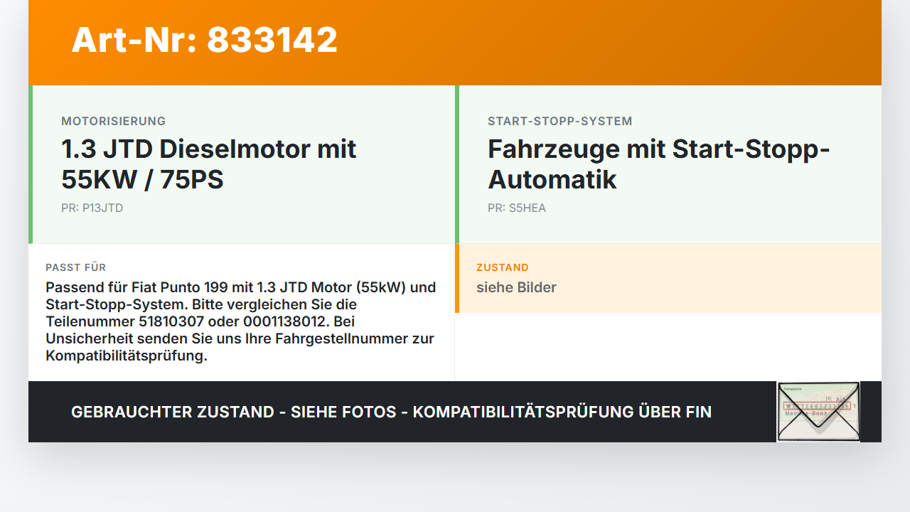 Fiat Punto 199 09-11 JTD 1,3 55KW Anlasser Starter Fiat Punto 199 09-11 26.08.2011 51810307 0001138012 gebraucht Vorschau 3