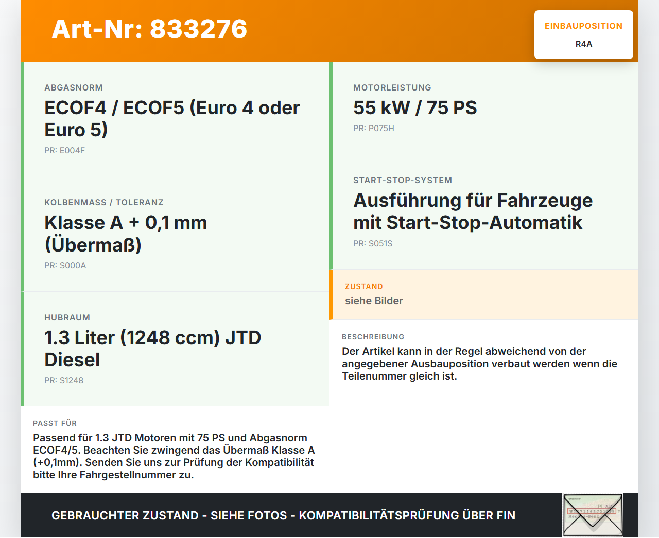 Fiat Punto 199 09-11 JTD 1,3 55KW Kolben mit Pleuel Pos A Fiat Punto 199 09-11 26.08.2011 55212380 gebraucht Vorschau 3