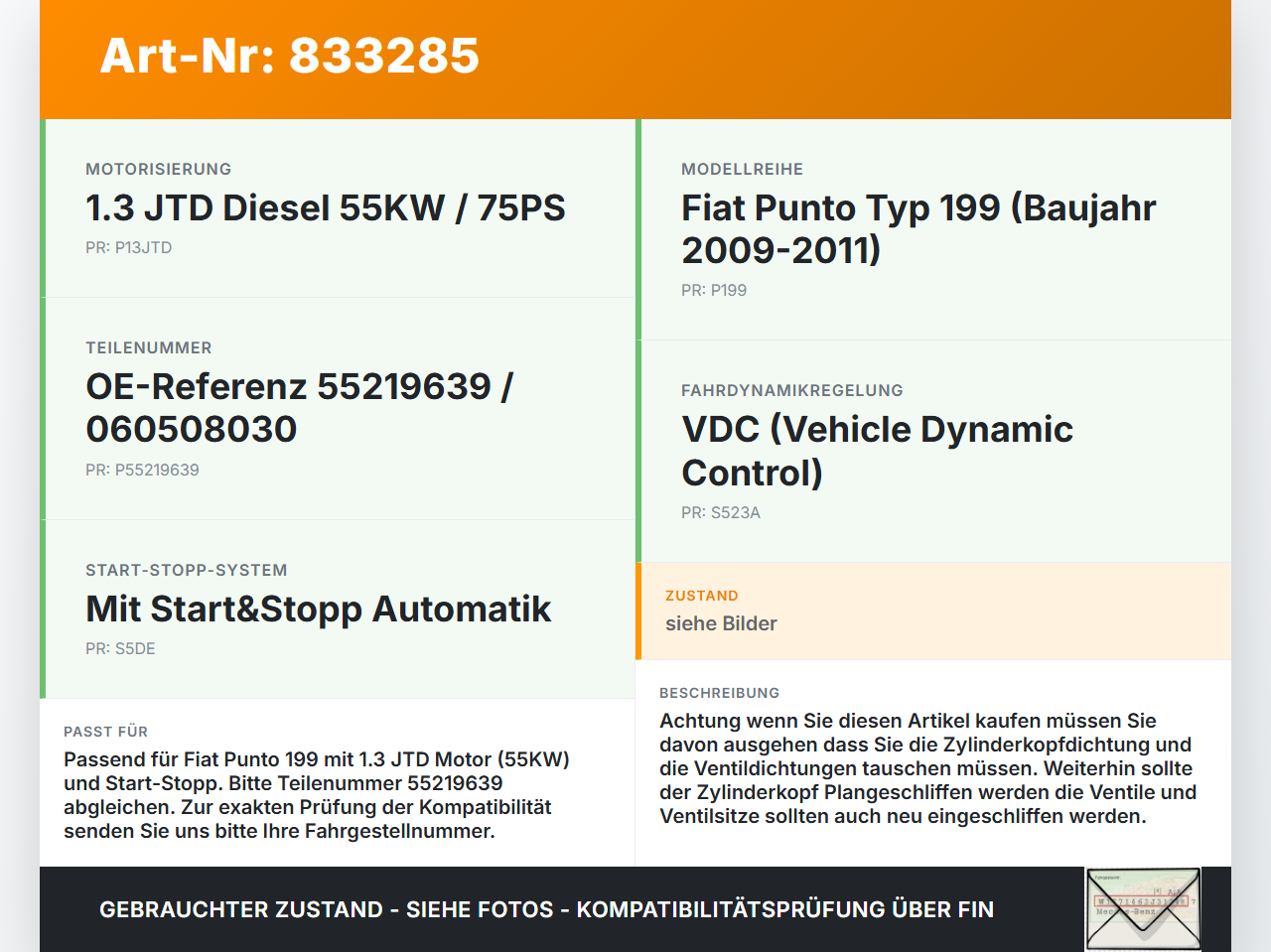 Fiat Punto 199 09-11 JTD 1,3 55KW Zylinderkopf Fiat Punto 199 09-11 26.08.2011 55219639 060508030 gebraucht Vorschau 3