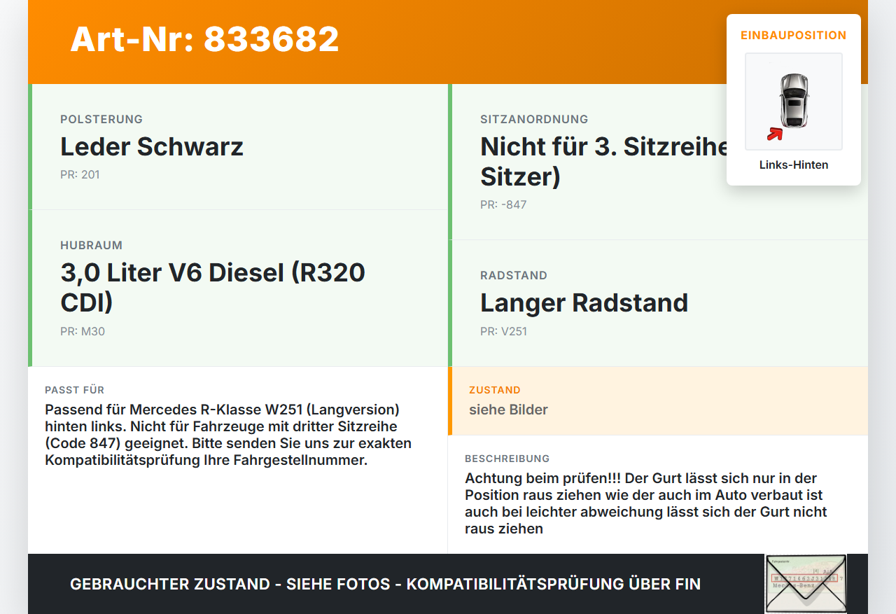 Mercedes R320 W251 4M 06-10 Lang Gurt Sicherheitsgurt Links Hinten Mercedes R320 W251 4M 06-10 22.12.2006... Vorschau 3