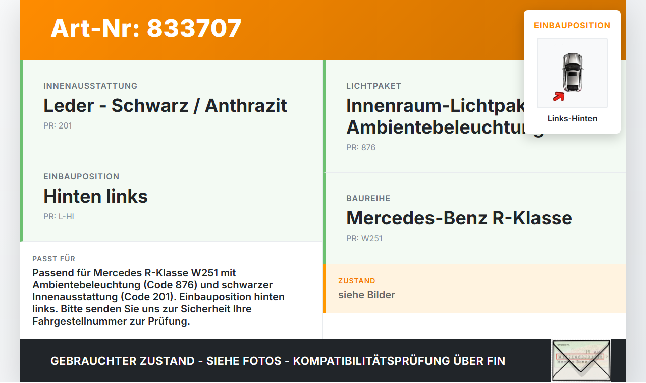 Mercedes R320 W251 4M 06-10 Lang Türgriff Griffmuschel Griff Innen Links Hinten Ambiente Light Mercedes R320 W251... Vorschau 3