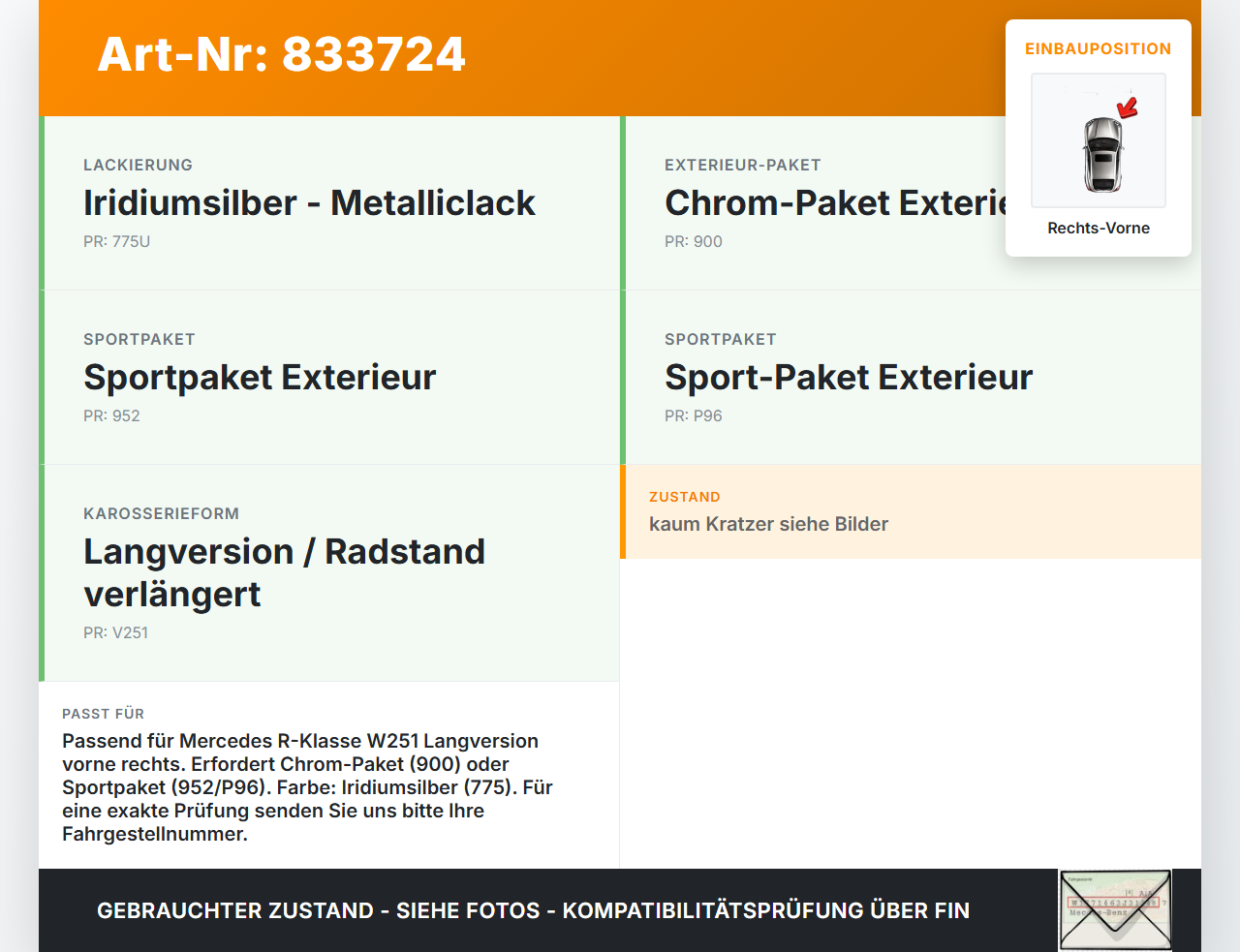 Mercedes R320 W251 4M 06-10 Lang Türleiste Rechts Vorne 775 Mercedes R320 W251 4M 06-10 22.12.2006 A2516902262 gebraucht Vorschau 3