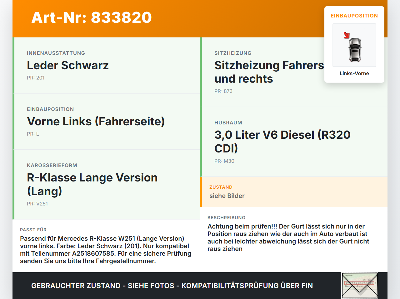 Mercedes R320 W251 4M 06-10 Lang Gurt Sicherheitsgurt Links Vorne Mercedes R320 W251 4M 06-10 22.12.2006... Vorschau 3