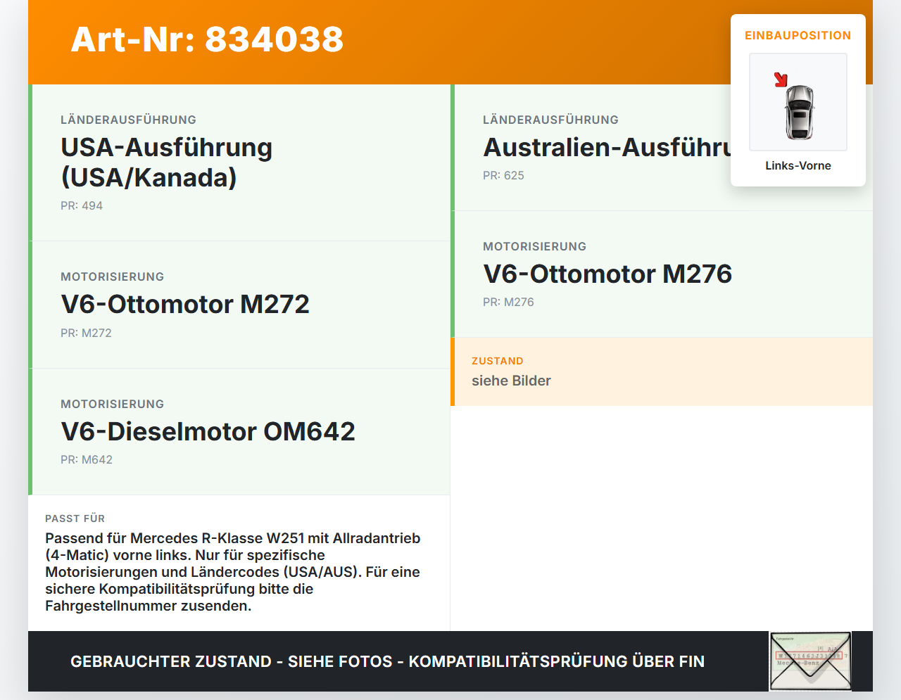 Mercedes R320 W251 4M 06-10 CDI 3,0 165KW Bremssattel Bremszange Vorne Links Mercedes R320 W251 4M 06-10 22.12.2006... Vorschau 3