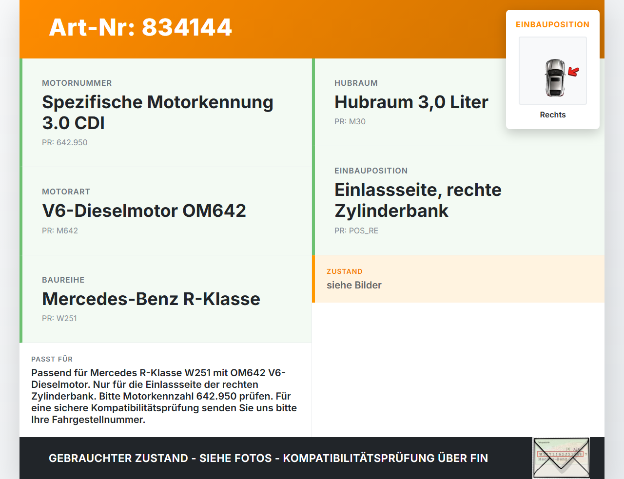 Mercedes R320 W251 4M 06-10 CDI 3,0 165KW 642950 Nockenwelle Einlass Rechts Mercedes R320 W251 4M 06-10 22.12.2006... Vorschau 3