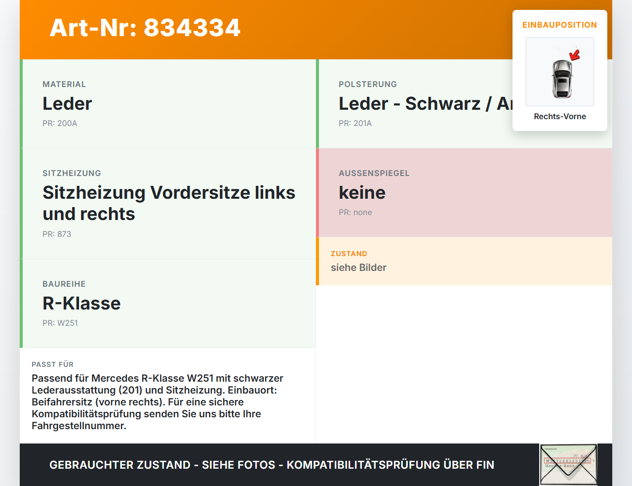 Mercedes R320 W251 4M 06-10 Rückenplatte Rückwand Sitz Rechts Vorne Mercedes R320 W251 4M 06-10 22.12.2006... Vorschau 3