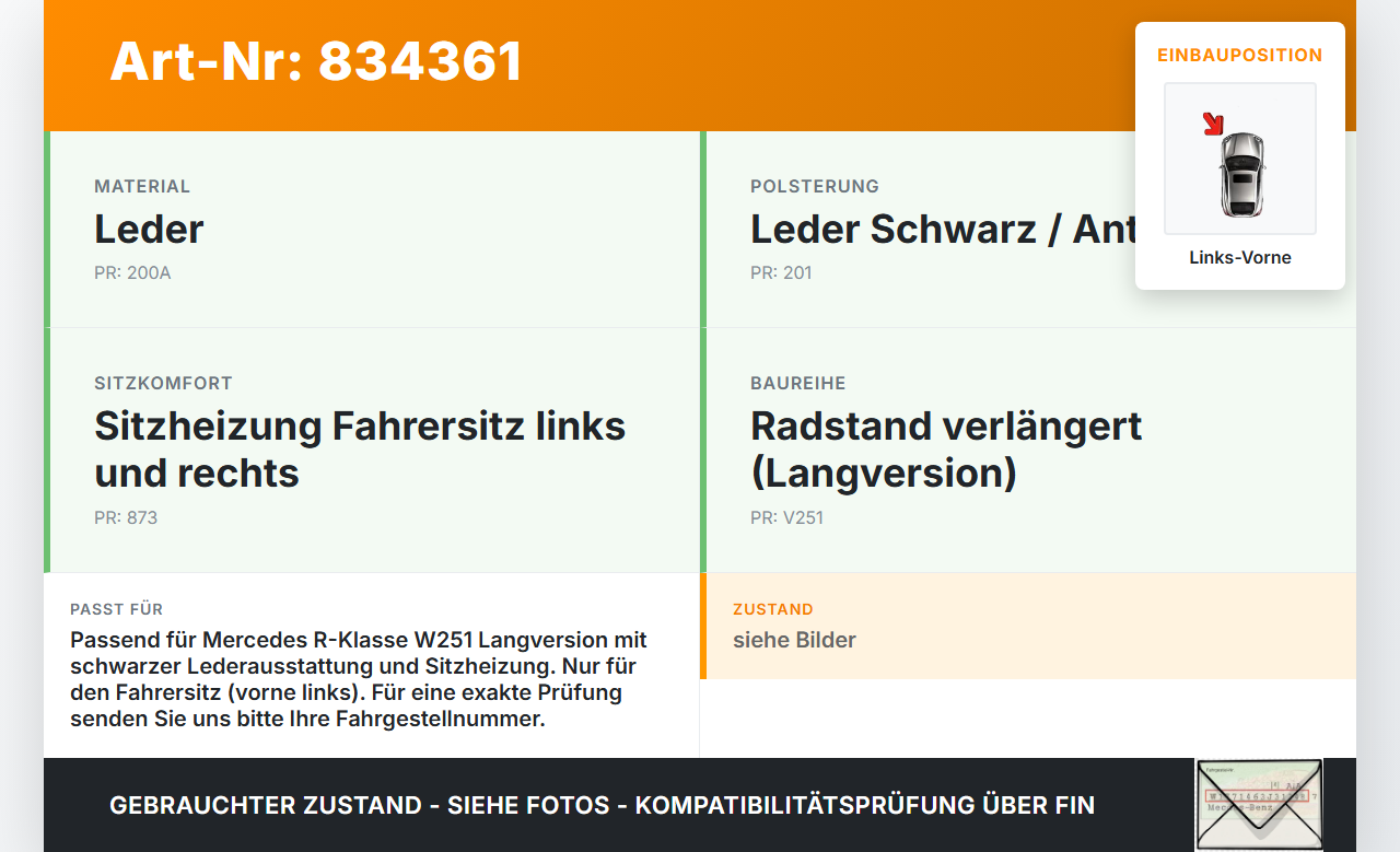 Mercedes R320 W251 4M 06-10 Lang Rückenpolster Links Vorne für Fahrer Sitz Mercedes R320 W251 4M 06-10 22.12.2006... Vorschau 3