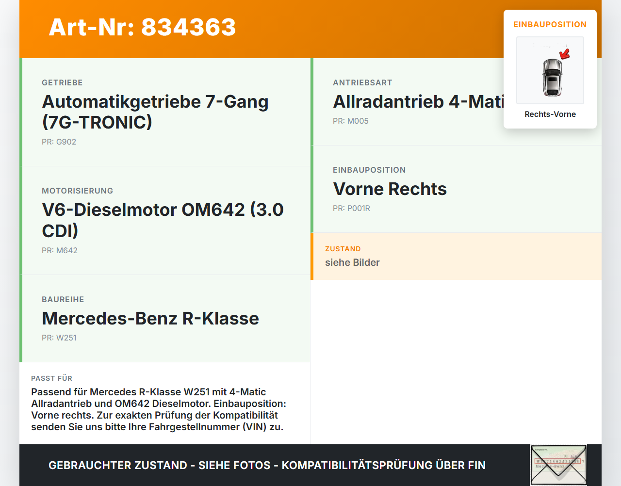 Mercedes R320 W251 4M 06-10 CDI 3,0 165KW Autom Antriebswelle Gelenkwelle Rechts Vorne Mercedes R320 W251 4M 06-10... Vorschau 3
