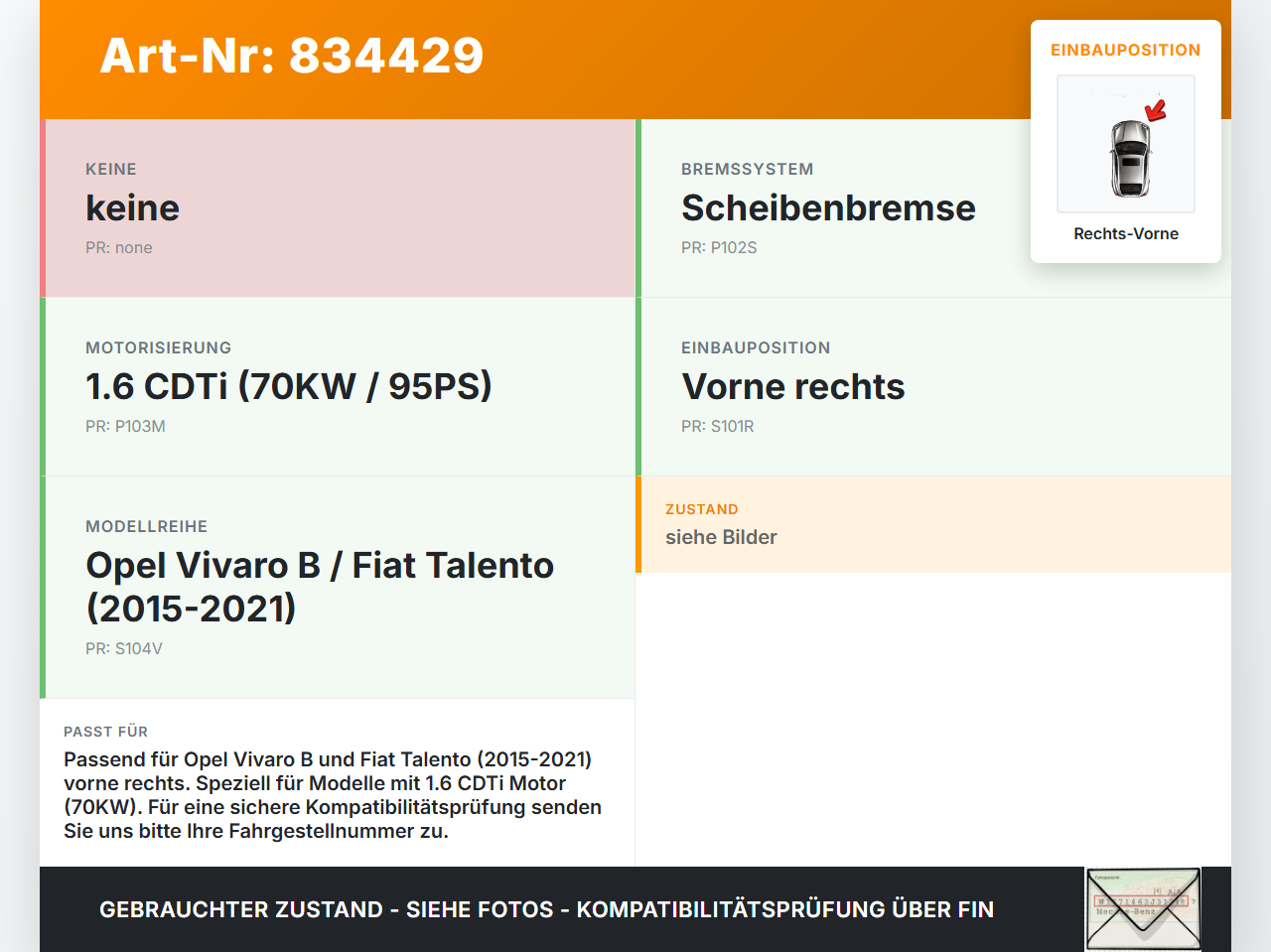 Opel Vivaro B Talento 15-21 CDTi 1,6 70KW Bremssattel Bremszange Vorne Rechts Opel Vivaro B Talento 15-21... Vorschau 3