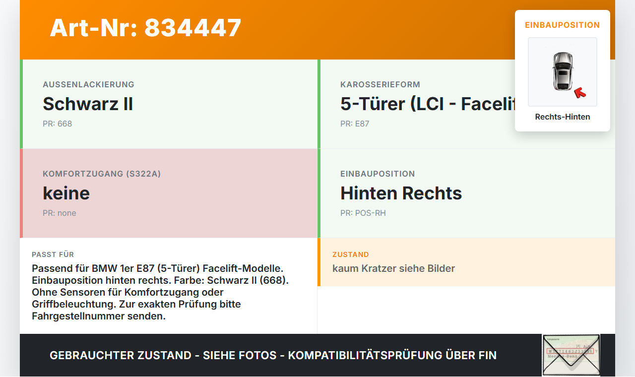 BMW E87 1er 116i LCI 07-13 5T Türgriff Griff aussen Rechts Hinten 668 BMW E87 1er 116i LCI 07-13 21.07.2008 7207552... Vorschau 3