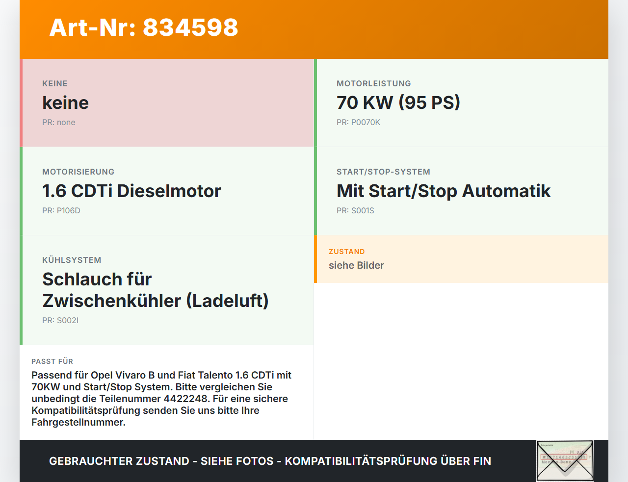 Opel Vivaro B Talento 15-21 CDTi 1,6 70KW Ansaugrohr Opel Vivaro B Talento 15-21 25.07.2016 93867721 GR.3.373... Vorschau 3