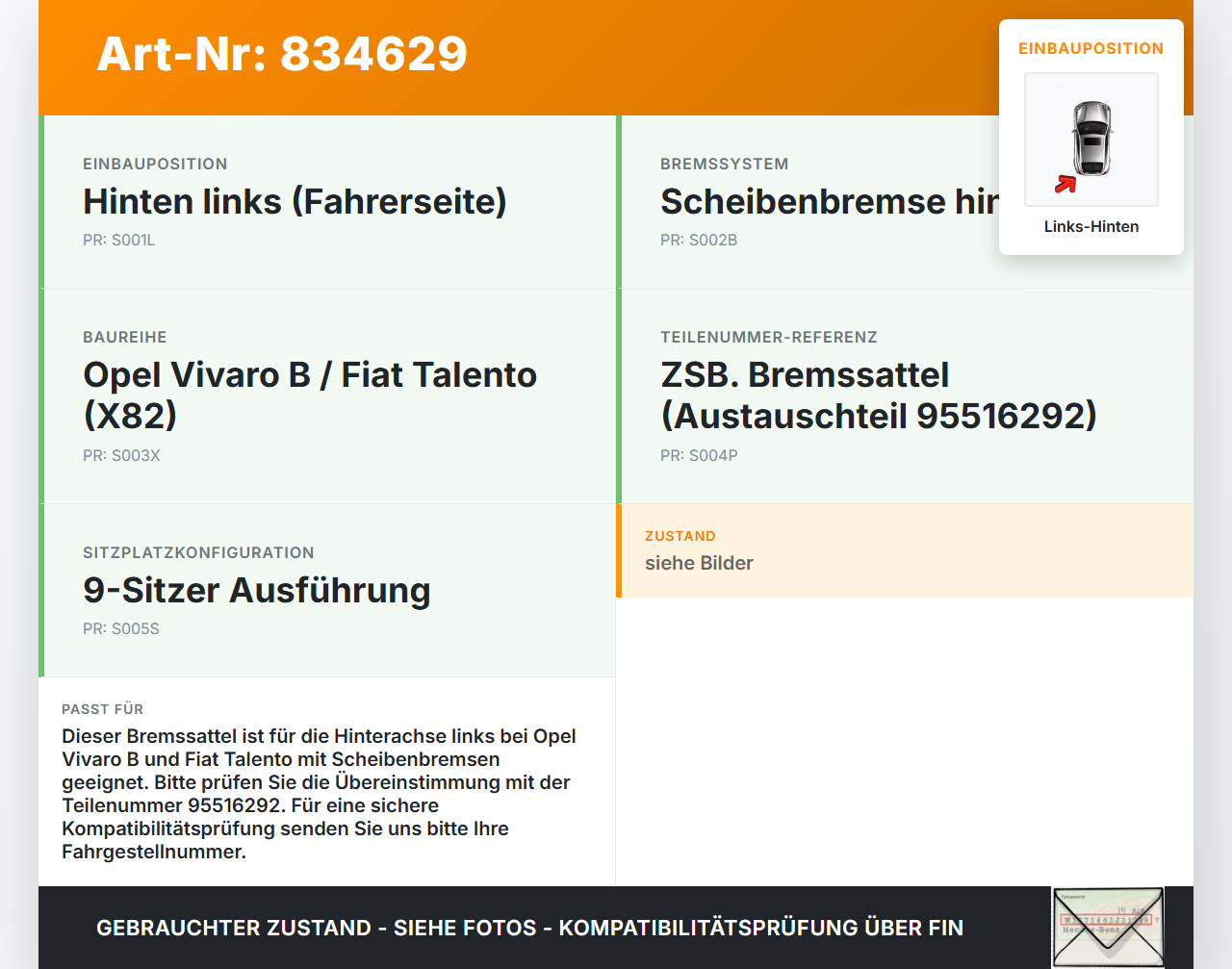 Opel Vivaro B Talento 15-21 CDTi 1,6 70KW Bremssattel Bremszange Hinten Links Opel Vivaro B Talento 15-21... Vorschau 3