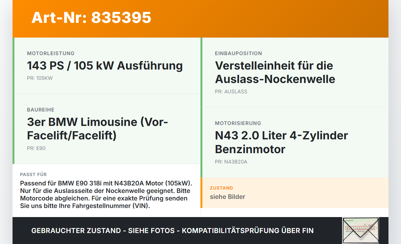 BMW E90 3er 318i 06-09 2,0i 105KW N43B20A Verstellung Auslass für Nockenwelle BMW E90 3er 318i 06-09 24.10.2008... Vorschau 3