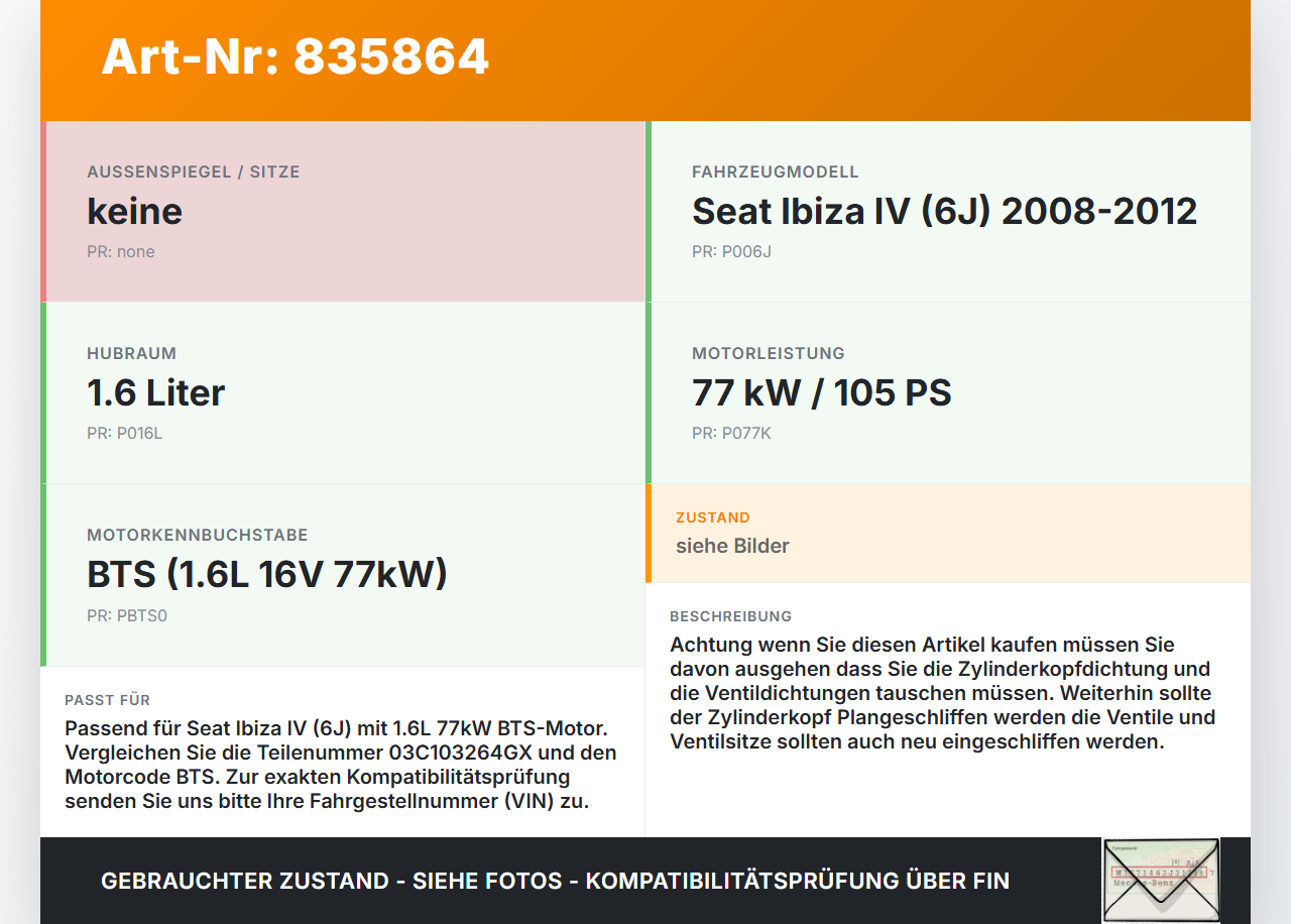 Seat Ibiza IV 6J 08-12 1,6 77KW BTS Zylinderkopf Seat Ibiza IV 6J 08-12 06.11.2008 03C103264GX 03C103351C gebraucht Vorschau 3