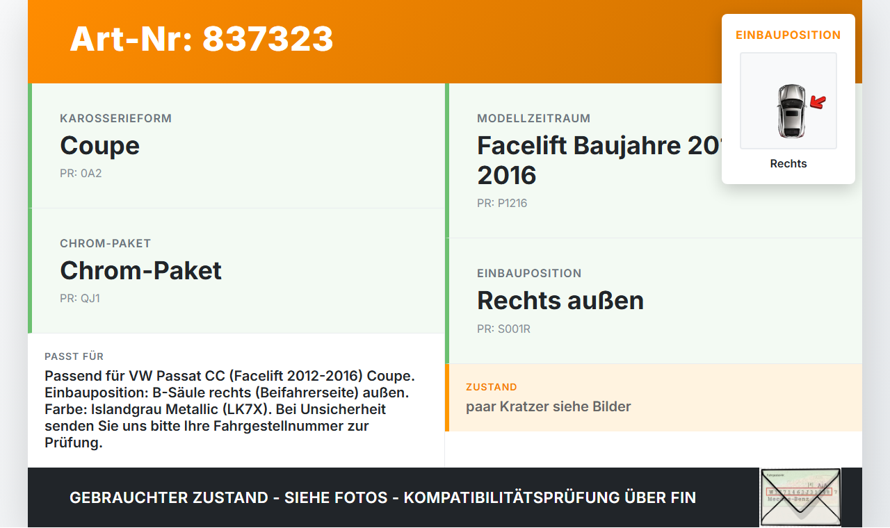 VW Passat CC 12-16 Coupe Verkleidung für B-Säule Rechts aussen LK7X VW Passat CC 12-16 29.04.2013 3C8853318B... Vorschau 3