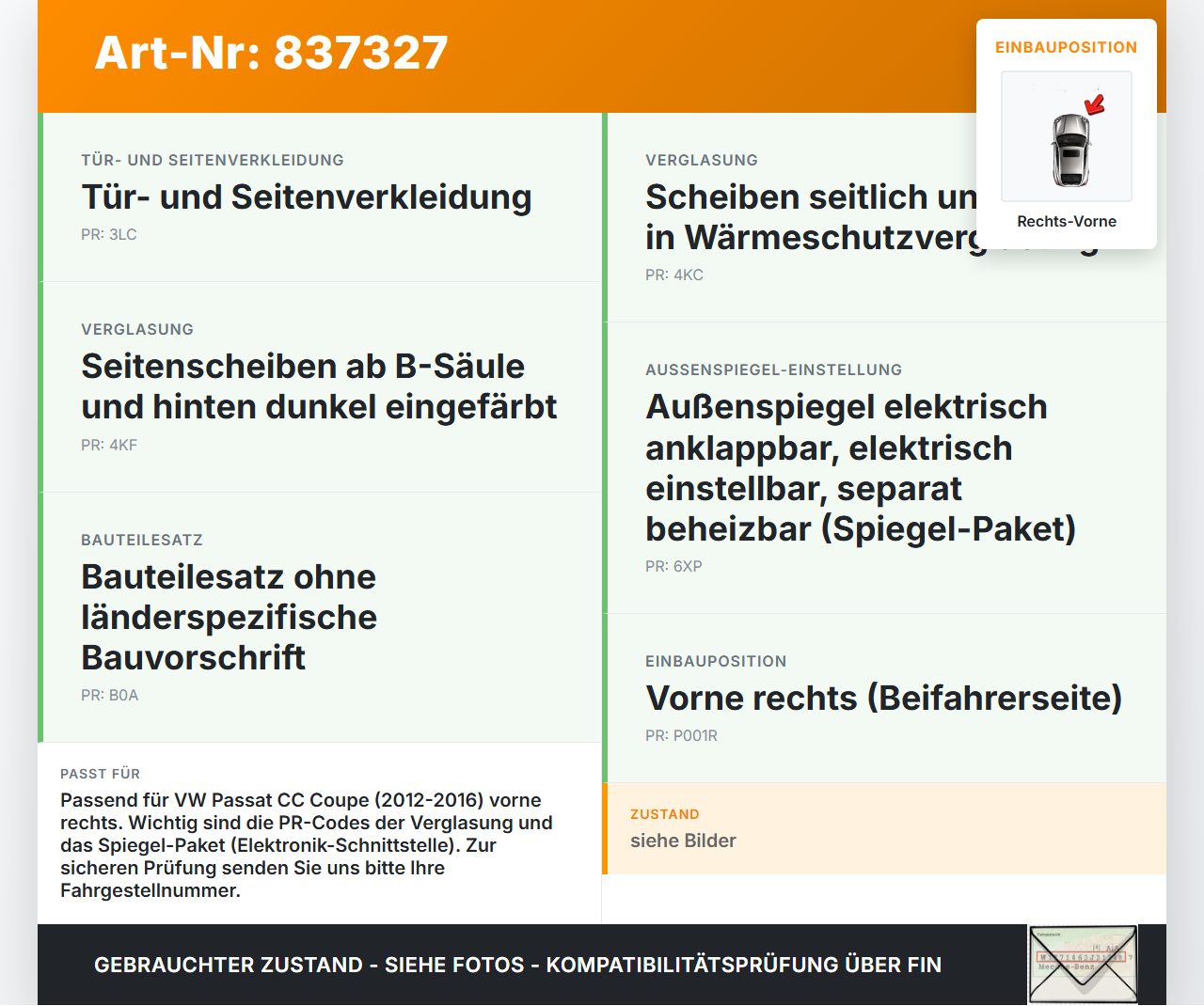 VW Passat CC 12-16 Coupe Fensterhebermotor Rechts Vorne VW Passat CC 12-16 29.04.2013 3C8959702 3C8837462M... Vorschau 3