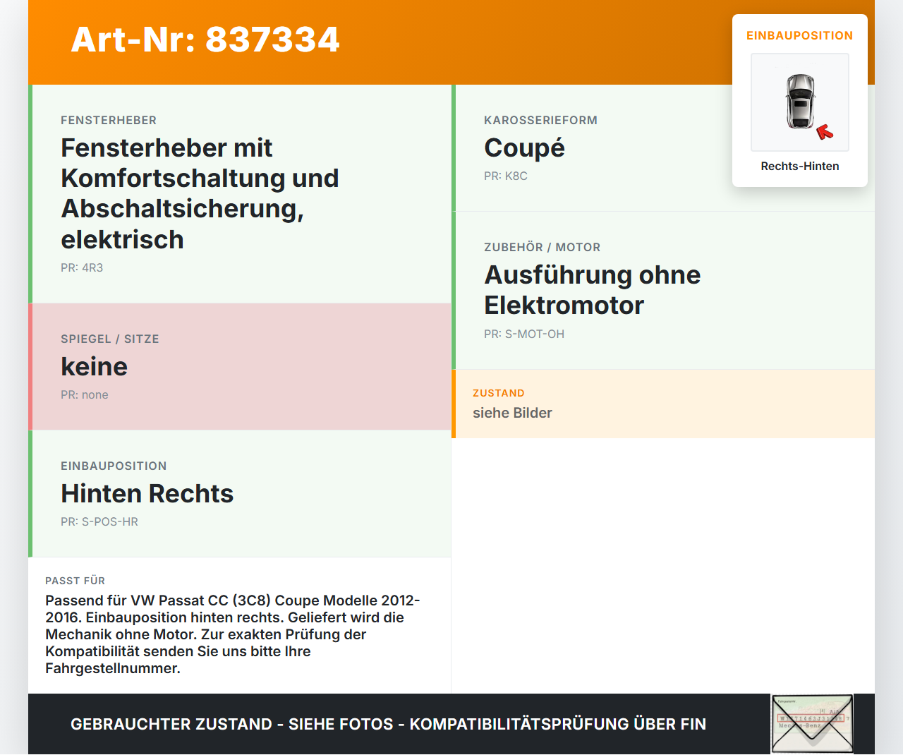 VW Passat CC 12-16 Coupe Fensterheber o. FH-Motor Hinten Rechts VW Passat CC 12-16 29.04.2013 3C8839462M gebraucht Vorschau 3