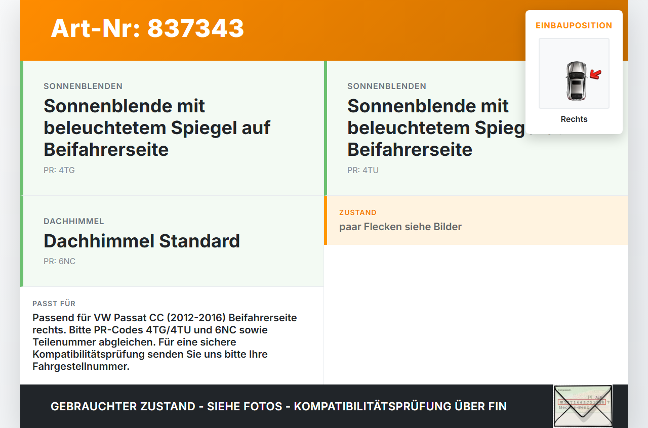 VW Passat CC 12-16 Sonnenblende Rechts für Beifahrer VW Passat CC 12-16 29.04.2013 1K0857552K gebraucht Vorschau 3