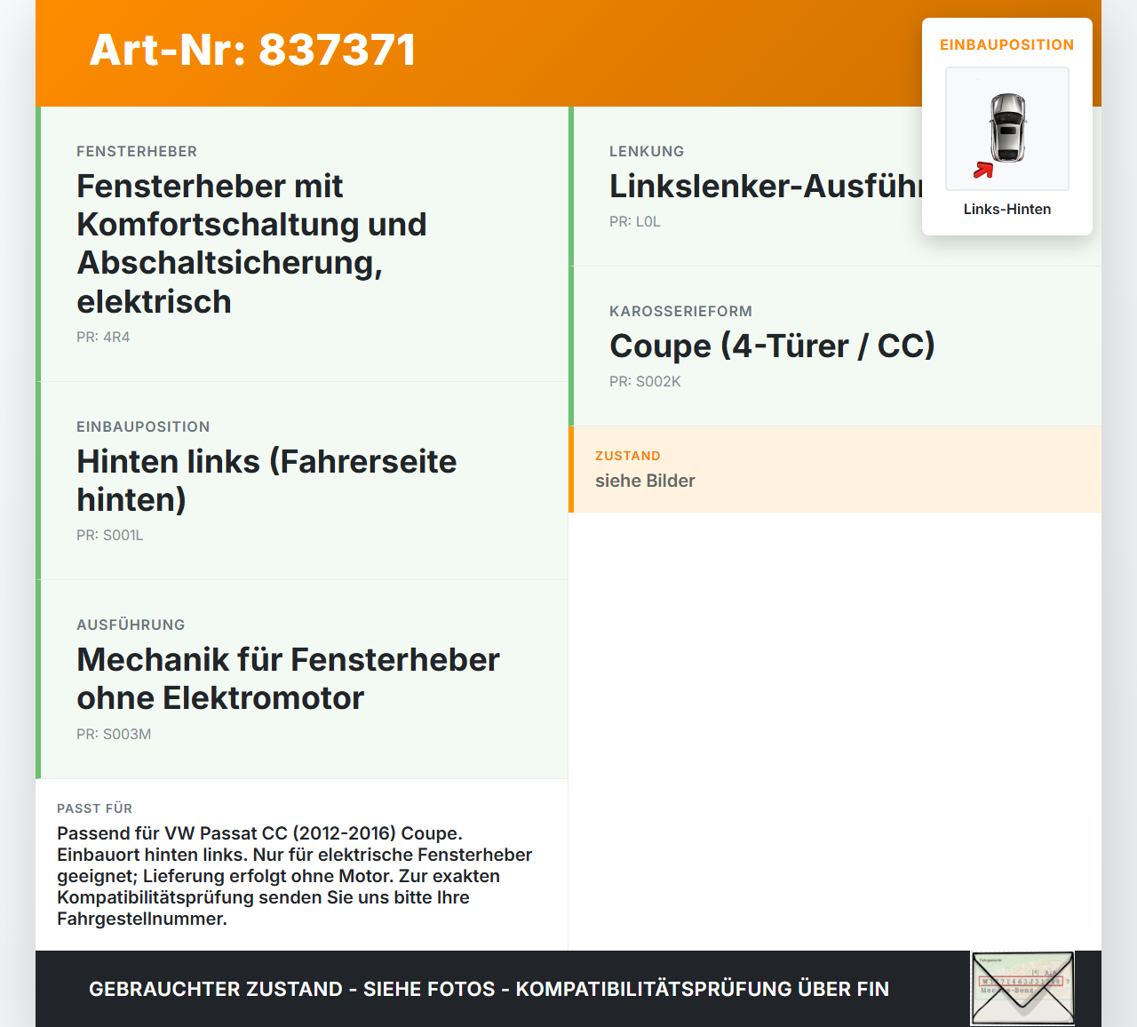 VW Passat CC 12-16 Coupe Fensterheber o. FH-Motor Hinten Links VW Passat CC 12-16 29.04.2013 3C8839461M gebraucht Vorschau 3
